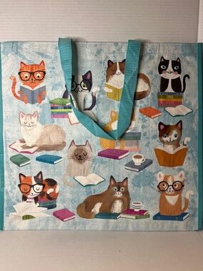 Cute Cat Reading Books Blue Reusable Tote Bag New
